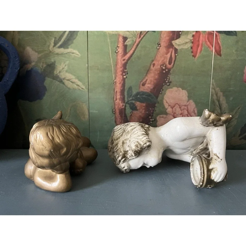 Vintage 90's Gold Painted Cherub Angel Figurines